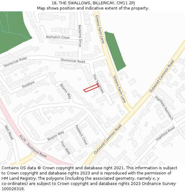 18, THE SWALLOWS, BILLERICAY, CM11 2PJ: Location map and indicative extent of plot