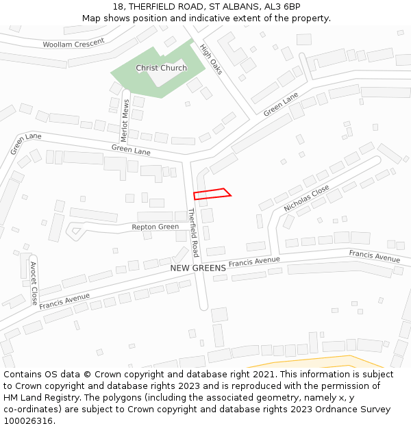 18, THERFIELD ROAD, ST ALBANS, AL3 6BP: Location map and indicative extent of plot