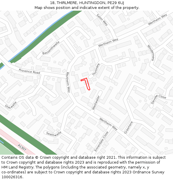 18, THIRLMERE, HUNTINGDON, PE29 6UJ: Location map and indicative extent of plot