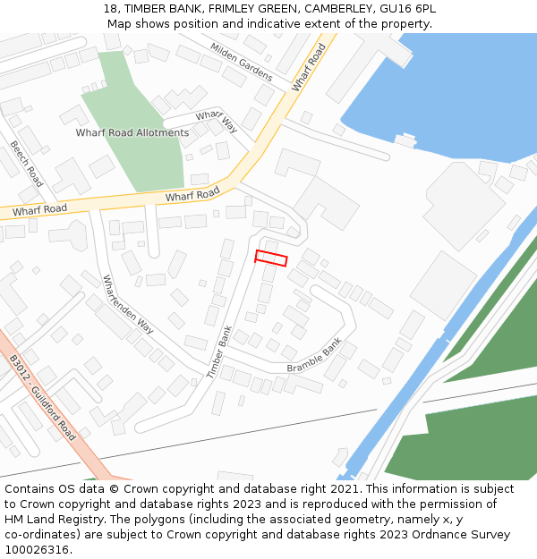 18, TIMBER BANK, FRIMLEY GREEN, CAMBERLEY, GU16 6PL: Location map and indicative extent of plot