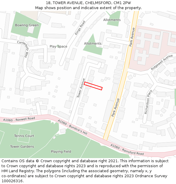 18, TOWER AVENUE, CHELMSFORD, CM1 2PW: Location map and indicative extent of plot