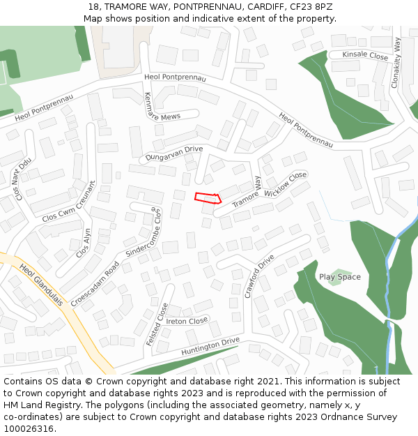 18, TRAMORE WAY, PONTPRENNAU, CARDIFF, CF23 8PZ: Location map and indicative extent of plot