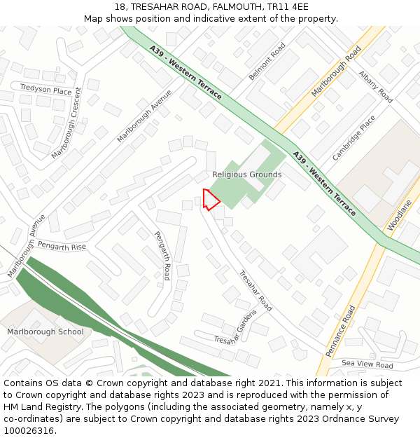 18, TRESAHAR ROAD, FALMOUTH, TR11 4EE: Location map and indicative extent of plot