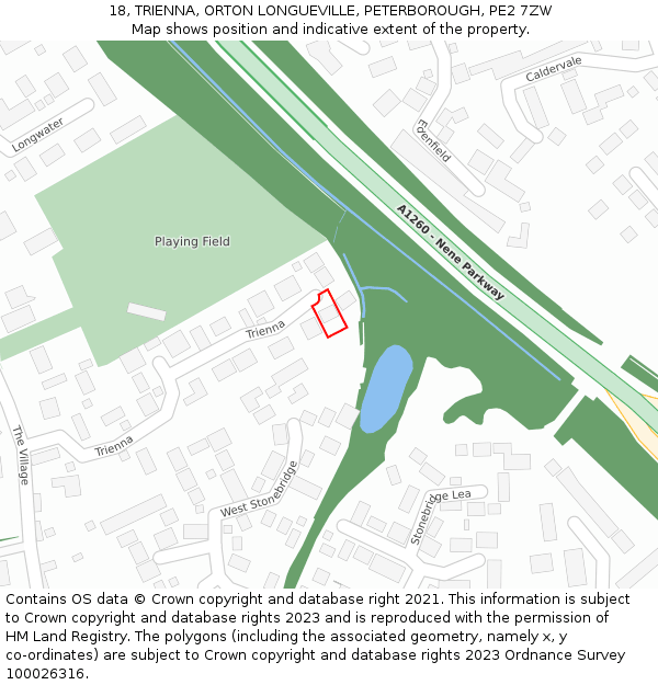 18, TRIENNA, ORTON LONGUEVILLE, PETERBOROUGH, PE2 7ZW: Location map and indicative extent of plot
