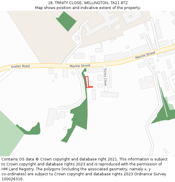 18, TRINITY CLOSE, WELLINGTON, TA21 8TZ: Location map and indicative extent of plot