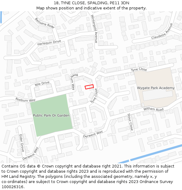 18, TYNE CLOSE, SPALDING, PE11 3DN: Location map and indicative extent of plot