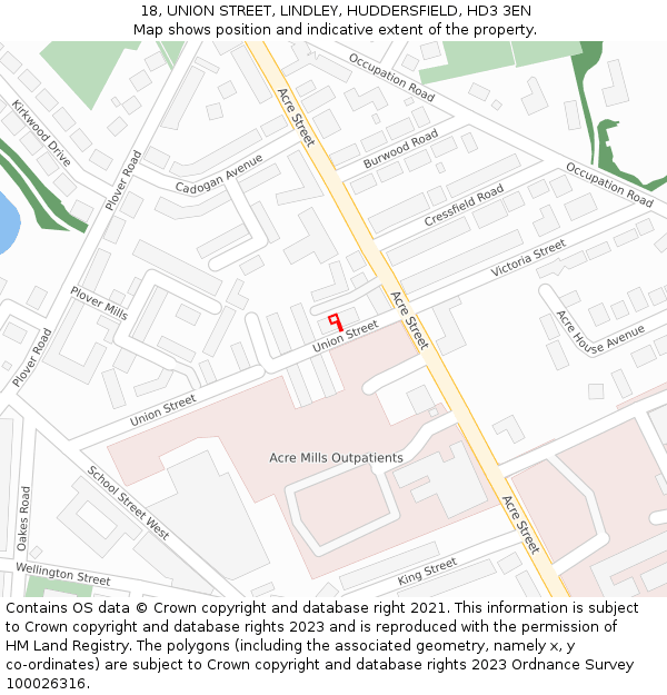 18, UNION STREET, LINDLEY, HUDDERSFIELD, HD3 3EN: Location map and indicative extent of plot