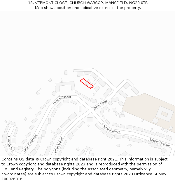 18, VERMONT CLOSE, CHURCH WARSOP, MANSFIELD, NG20 0TR: Location map and indicative extent of plot