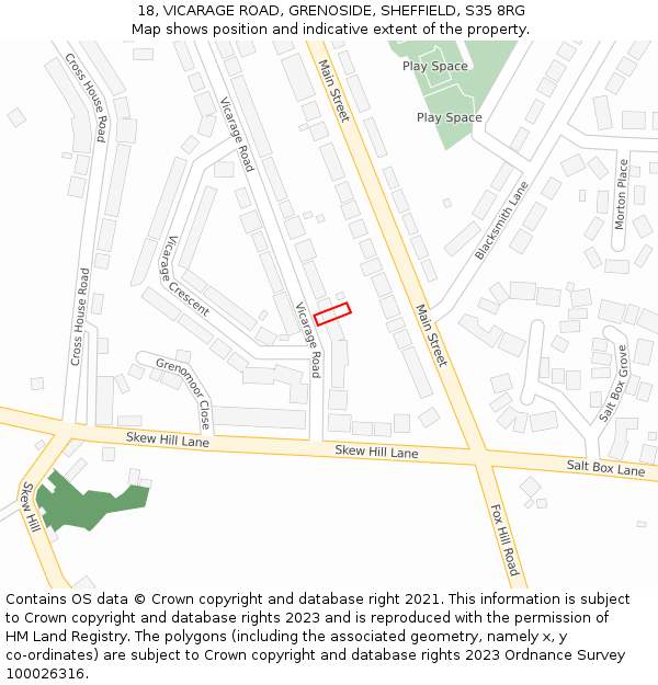 18, VICARAGE ROAD, GRENOSIDE, SHEFFIELD, S35 8RG: Location map and indicative extent of plot