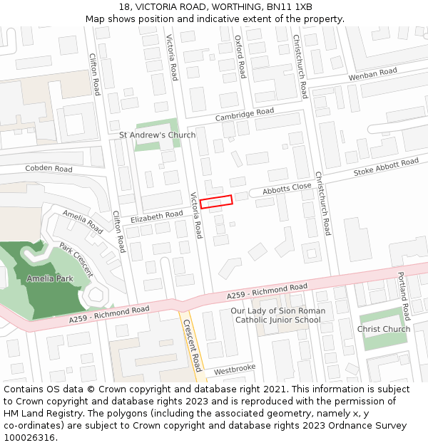 18, VICTORIA ROAD, WORTHING, BN11 1XB: Location map and indicative extent of plot