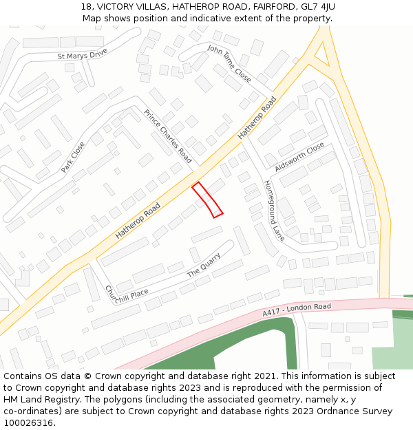 18, VICTORY VILLAS, HATHEROP ROAD, FAIRFORD, GL7 4JU: Location map and indicative extent of plot
