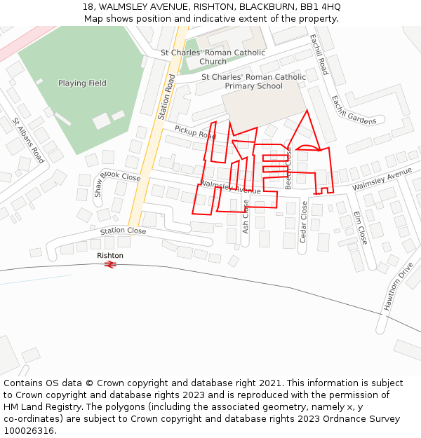 18, WALMSLEY AVENUE, RISHTON, BLACKBURN, BB1 4HQ: Location map and indicative extent of plot