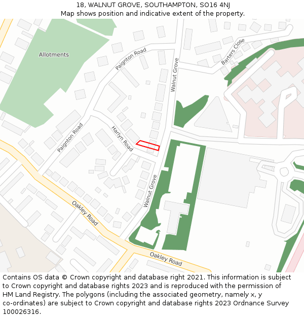 18, WALNUT GROVE, SOUTHAMPTON, SO16 4NJ: Location map and indicative extent of plot