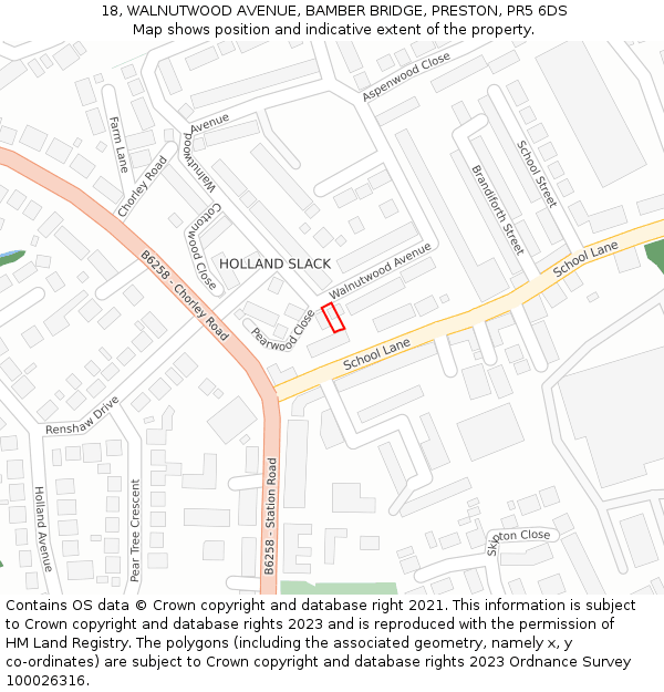18, WALNUTWOOD AVENUE, BAMBER BRIDGE, PRESTON, PR5 6DS: Location map and indicative extent of plot