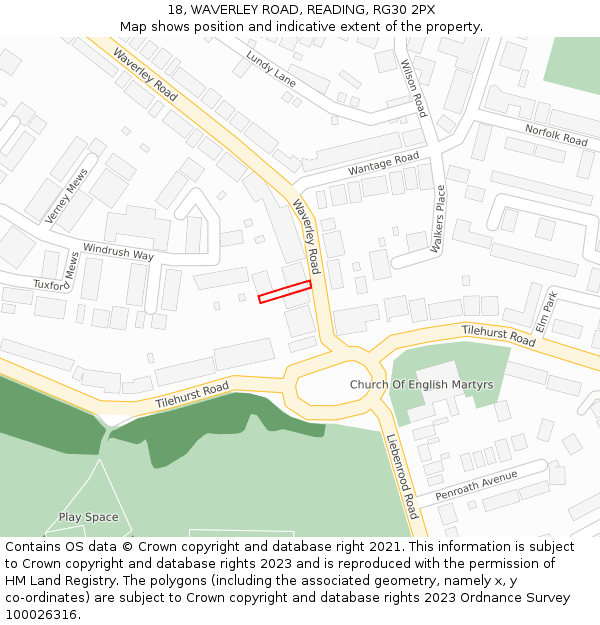18, WAVERLEY ROAD, READING, RG30 2PX: Location map and indicative extent of plot