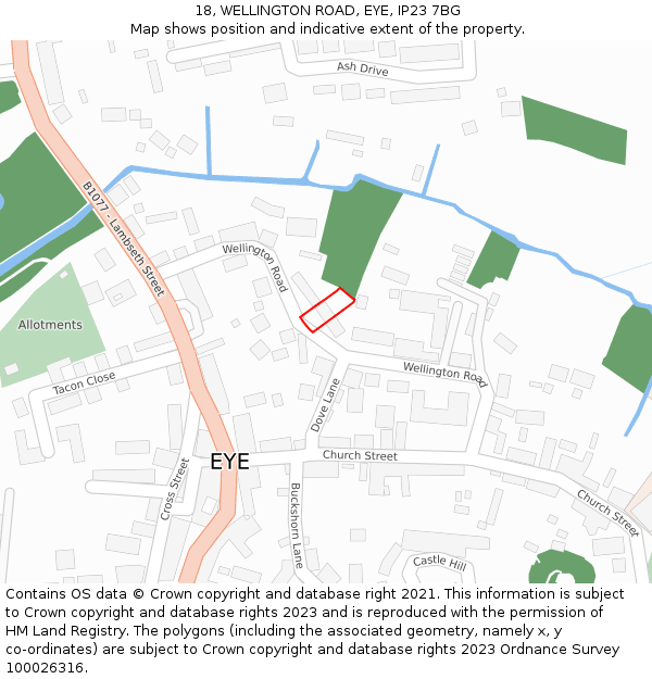 18, WELLINGTON ROAD, EYE, IP23 7BG: Location map and indicative extent of plot