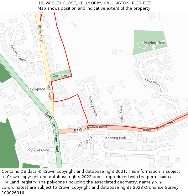 18, WESLEY CLOSE, KELLY BRAY, CALLINGTON, PL17 8EZ: Location map and indicative extent of plot