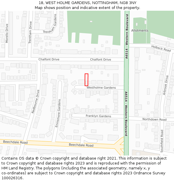 18, WEST HOLME GARDENS, NOTTINGHAM, NG8 3NY: Location map and indicative extent of plot