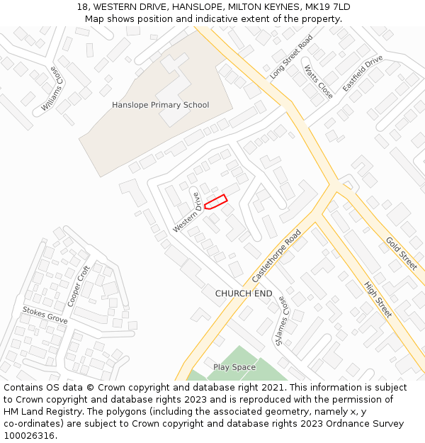 18, WESTERN DRIVE, HANSLOPE, MILTON KEYNES, MK19 7LD: Location map and indicative extent of plot