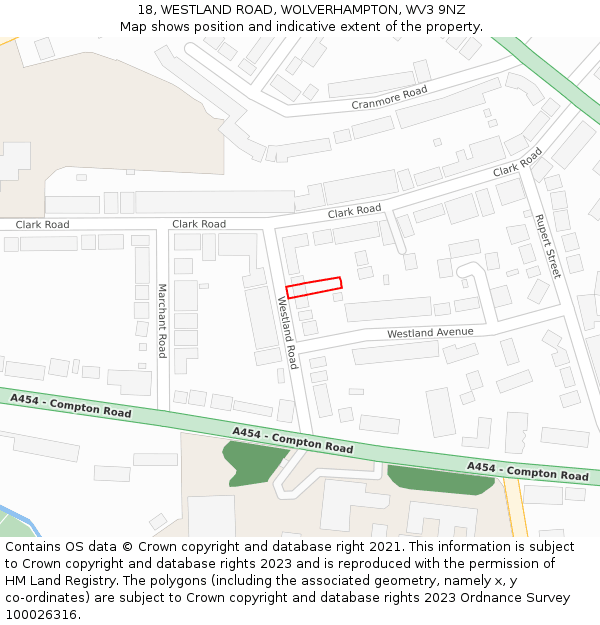 18, WESTLAND ROAD, WOLVERHAMPTON, WV3 9NZ: Location map and indicative extent of plot