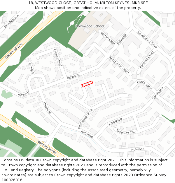 18, WESTWOOD CLOSE, GREAT HOLM, MILTON KEYNES, MK8 9EE: Location map and indicative extent of plot