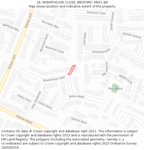 18, WHEATHOUSE CLOSE, BEDFORD, MK41 8JX: Location map and indicative extent of plot