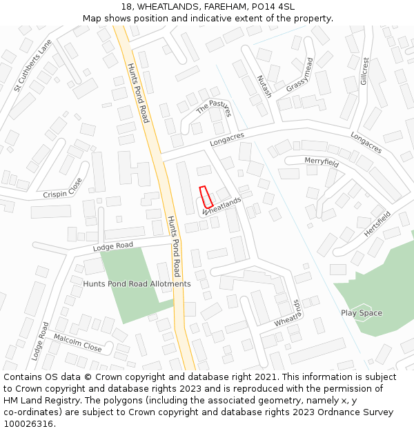 18, WHEATLANDS, FAREHAM, PO14 4SL: Location map and indicative extent of plot