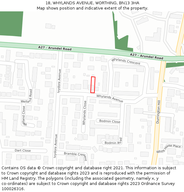 18, WHYLANDS AVENUE, WORTHING, BN13 3HA: Location map and indicative extent of plot