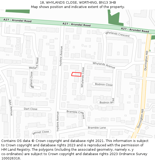 18, WHYLANDS CLOSE, WORTHING, BN13 3HB: Location map and indicative extent of plot