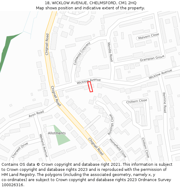 18, WICKLOW AVENUE, CHELMSFORD, CM1 2HQ: Location map and indicative extent of plot