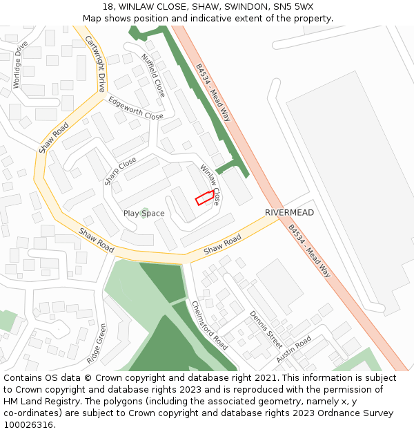 18, WINLAW CLOSE, SHAW, SWINDON, SN5 5WX: Location map and indicative extent of plot
