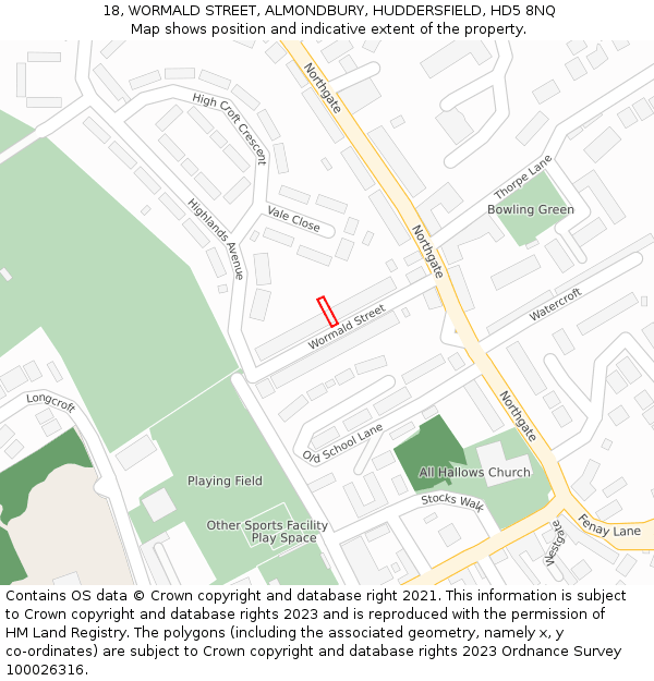 18, WORMALD STREET, ALMONDBURY, HUDDERSFIELD, HD5 8NQ: Location map and indicative extent of plot