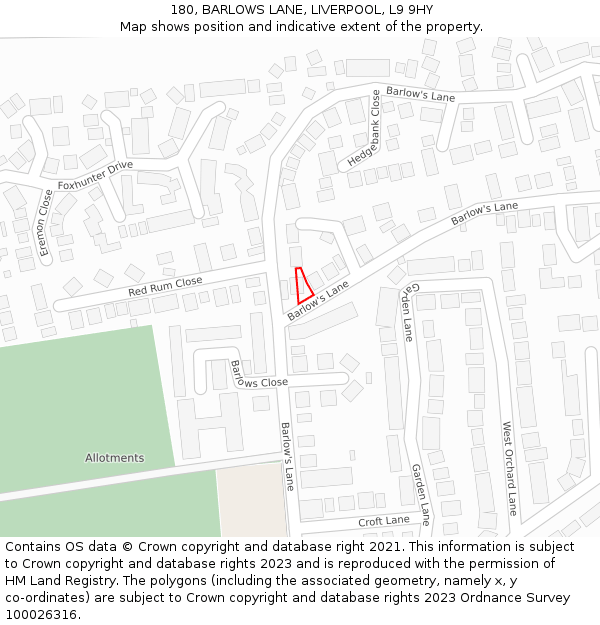 180, BARLOWS LANE, LIVERPOOL, L9 9HY: Location map and indicative extent of plot