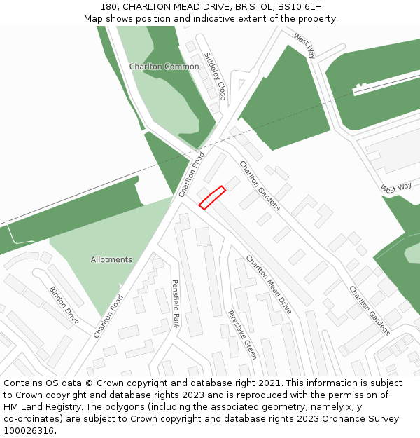 180, CHARLTON MEAD DRIVE, BRISTOL, BS10 6LH: Location map and indicative extent of plot