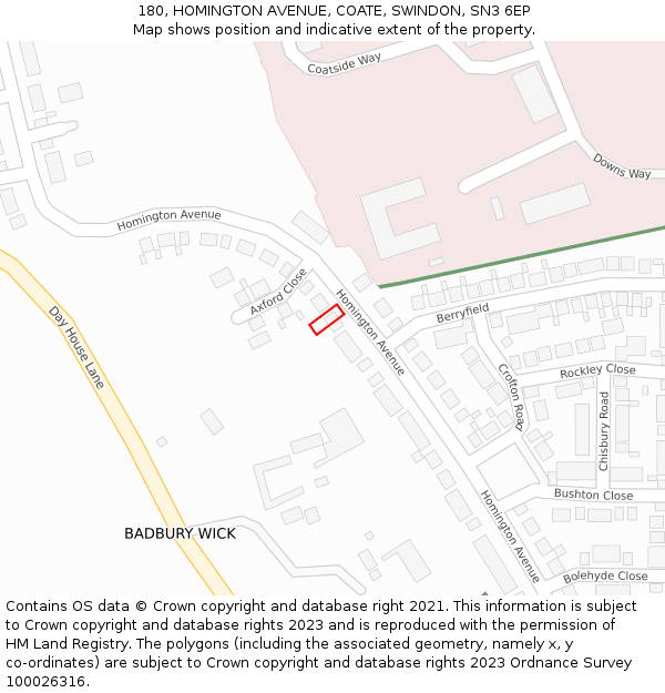 180, HOMINGTON AVENUE, COATE, SWINDON, SN3 6EP: Location map and indicative extent of plot