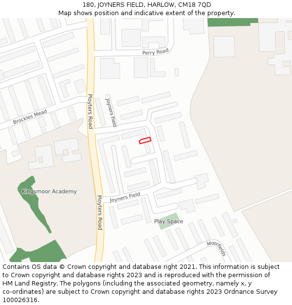180, JOYNERS FIELD, HARLOW, CM18 7QD: Location map and indicative extent of plot