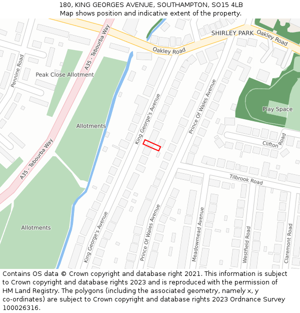180, KING GEORGES AVENUE, SOUTHAMPTON, SO15 4LB: Location map and indicative extent of plot
