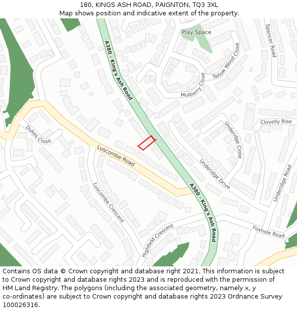 180, KINGS ASH ROAD, PAIGNTON, TQ3 3XL: Location map and indicative extent of plot
