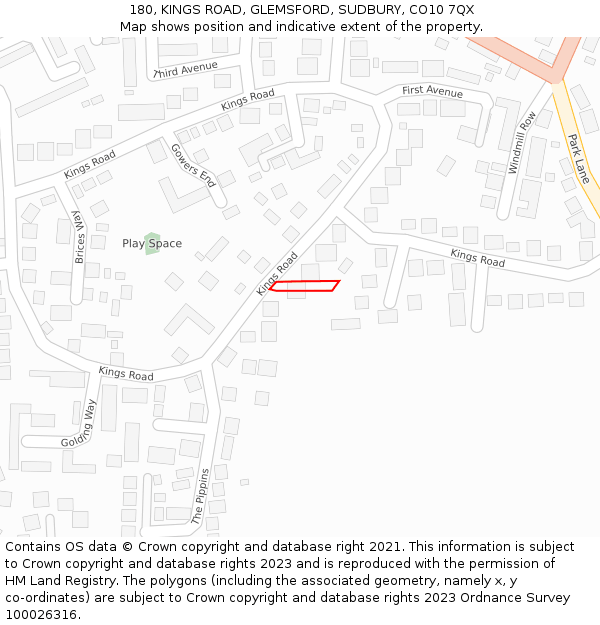 180, KINGS ROAD, GLEMSFORD, SUDBURY, CO10 7QX: Location map and indicative extent of plot
