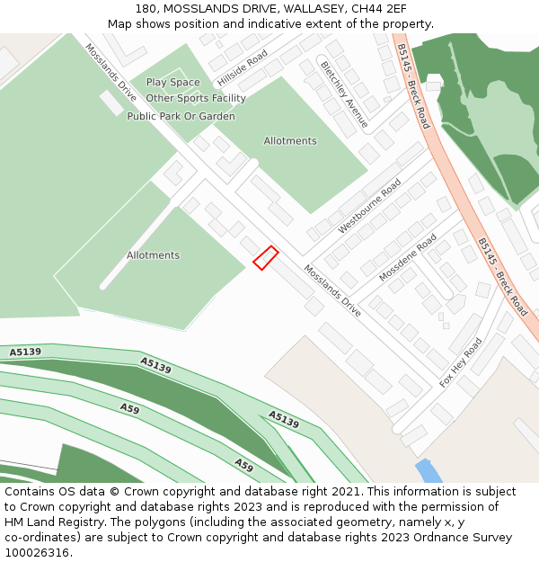 180, MOSSLANDS DRIVE, WALLASEY, CH44 2EF: Location map and indicative extent of plot