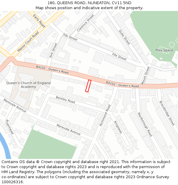 180, QUEENS ROAD, NUNEATON, CV11 5ND: Location map and indicative extent of plot