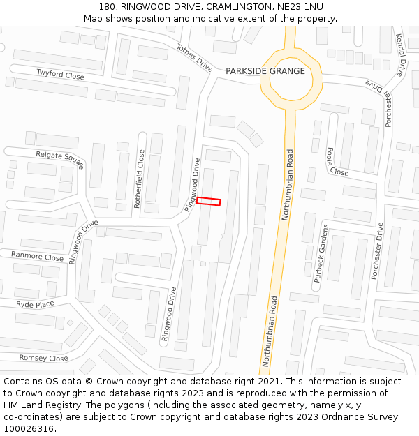 180, RINGWOOD DRIVE, CRAMLINGTON, NE23 1NU: Location map and indicative extent of plot