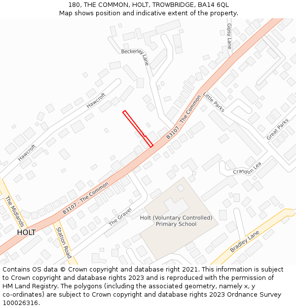 180, THE COMMON, HOLT, TROWBRIDGE, BA14 6QL: Location map and indicative extent of plot