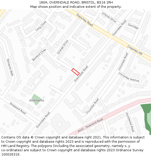 180A, OVERNDALE ROAD, BRISTOL, BS16 2RH: Location map and indicative extent of plot