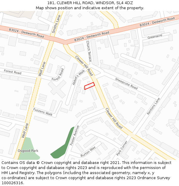 181, CLEWER HILL ROAD, WINDSOR, SL4 4DZ: Location map and indicative extent of plot