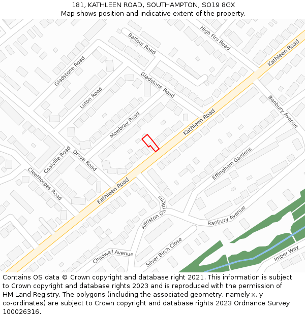 181, KATHLEEN ROAD, SOUTHAMPTON, SO19 8GX: Location map and indicative extent of plot