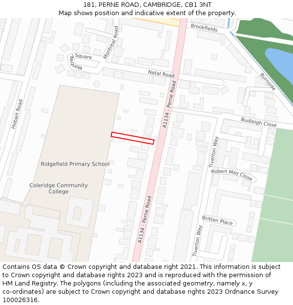 181, PERNE ROAD, CAMBRIDGE, CB1 3NT: Location map and indicative extent of plot
