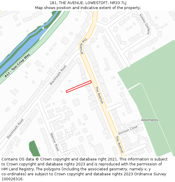 181, THE AVENUE, LOWESTOFT, NR33 7LJ: Location map and indicative extent of plot