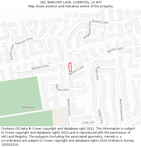 182, BARLOWS LANE, LIVERPOOL, L9 9HY: Location map and indicative extent of plot