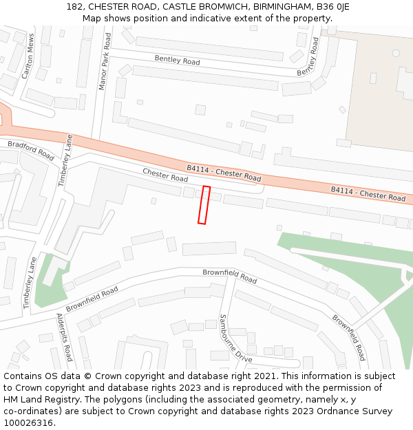 182, CHESTER ROAD, CASTLE BROMWICH, BIRMINGHAM, B36 0JE: Location map and indicative extent of plot